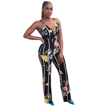 

Floral Print Boho Jumpsuit Women V Neck Sleeveless Criss Cross Back Sexy Jumpsuit Overall Backless Summer Rompers Women Jumpsuit