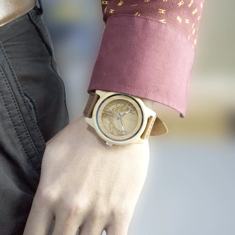 Deer Head Design Hollow Out Bamboo Wood Quartz Watch With Leather Strap Men Casual Watches