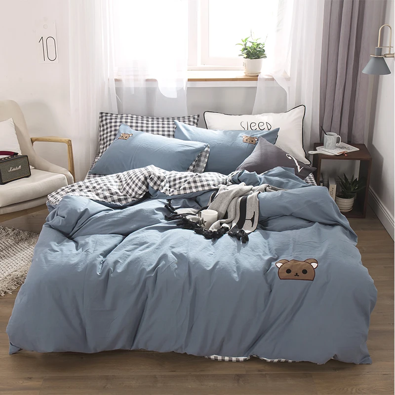 Dreamort потертый хлопок простой стиль 4 шт. queen King size постельное белье простынь на резинке+ пододеяльник+ наволочка