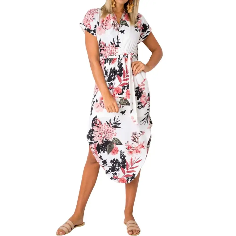 

2019 New Yfashion Women Sexy V-neck Flower Print Bohemian Style Beach Dress