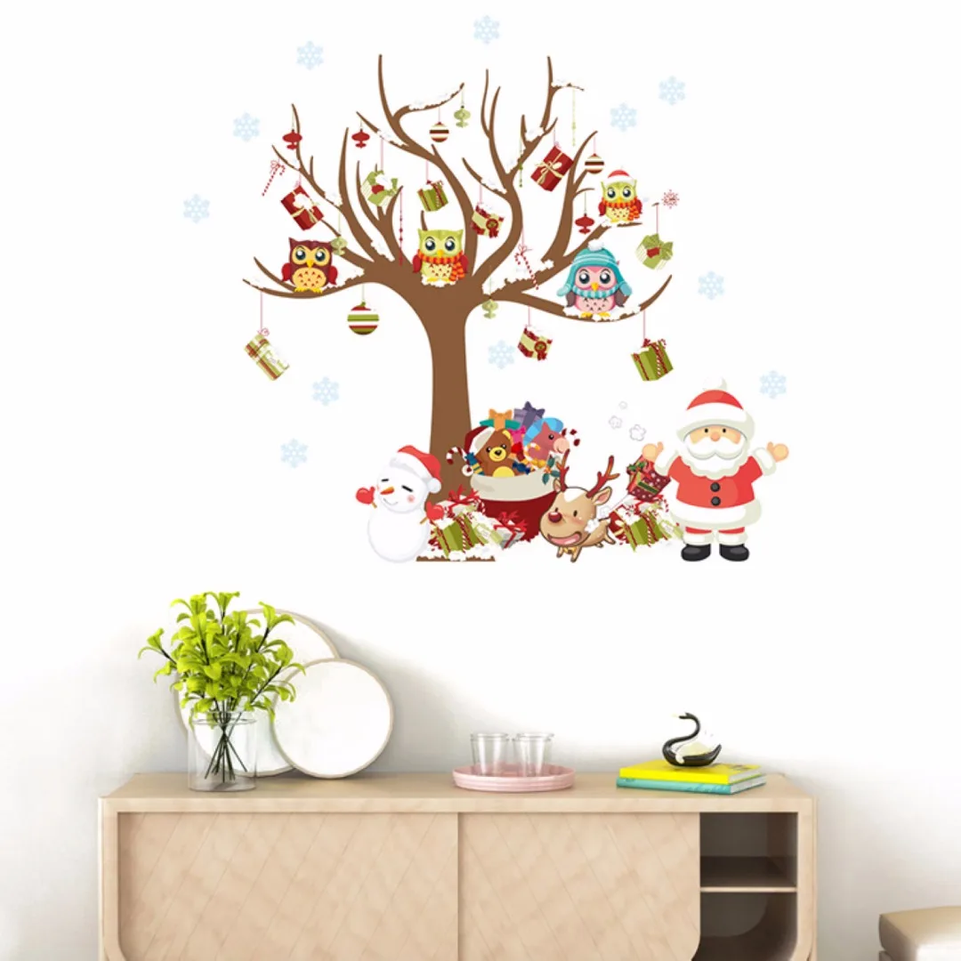 1pc 800*800mm Christmas Owls Tree Shop Window Wall Art Stickers Sticker Vinyl Home Decoration