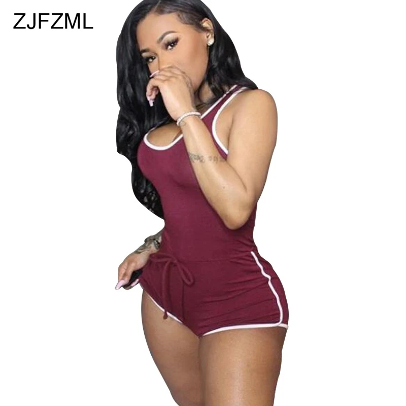  ZJFZML Women High Elastic Tank Summer Bodysuits Plus Size Drawstring Skinny Sexy Rompers Cotton Beachwear Casual Playsuits