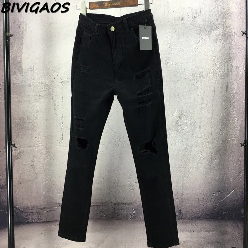 Новинка стильные женские эластичный высококачественные хлопковые деним черные джинсы с высокой талией для женщин обтягивающие прямые рваные брюки с дырками джинсы для женщин