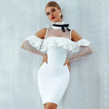 

wholesale 2020 New dresses White mesh long sleeve Ruffle Fashion mini Celebrity cocktail Party bandage Dress(L2511)