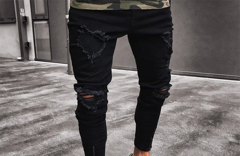 Для мужчин Slim Fit прямые узкие длинные джинсы мужской хип отверстие карандаш брюки Для мужчин летние рваные легкий полный брюки AA51418