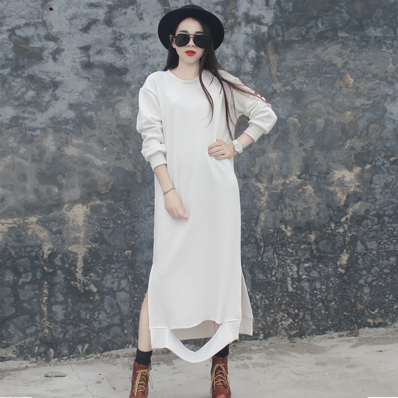 

LANMREM 2018 Fashion Autumn New Holo Decoration Full Sleeve Pullovers Loose Round Neck Solid Simple Dress Women UA33200
