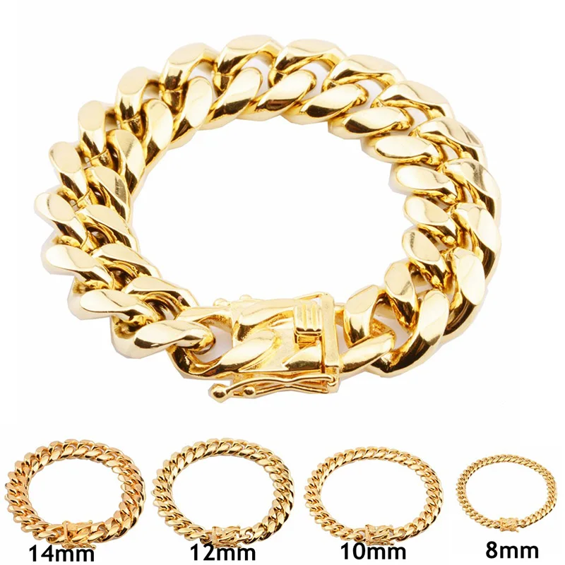 

8-18mm Cuban Miami Chain Bracelet Gold Stainless Steel Box Lock Link Chains Bracelets & Bangles for Men Hip Hop Rock Jewelry