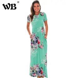 Цветочный принт длинное платье новые летние Для женщин Повседневное женские короткий рукав o-образным вырезом Высокая Талия Макси платья