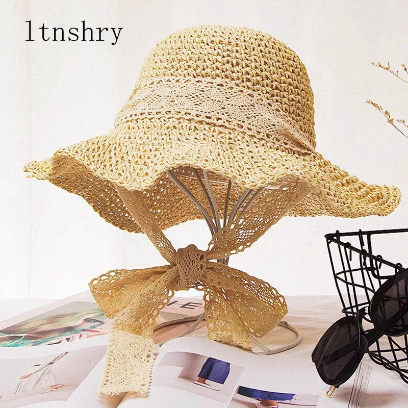 

2019 Summer Boater Hats For Women Straw Sun Hat Lady Girls Lace Ribbon Bow Panma Beach Hat Floppy Female Travel Folding