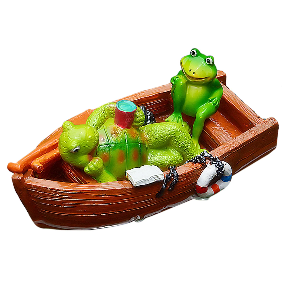 

Cute Resin Floating Statue Outdoor Garden Pond Decorative Garden Sculpture Fish Tank Ornament - Tortoise and Frog On Wooden Boat