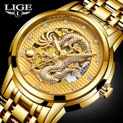 Lige Дракон Скелет автоматические механические часы для Для мужчин наручные часы Нержавеющая сталь на золотые часы 30 м Водонепроницаемый
