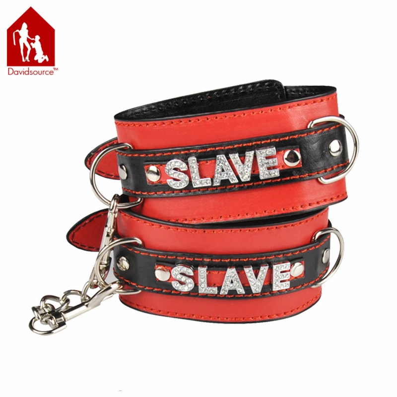 Davidsource Diamond SLAVE Letter Red Leather Handcuffs Adjustable
