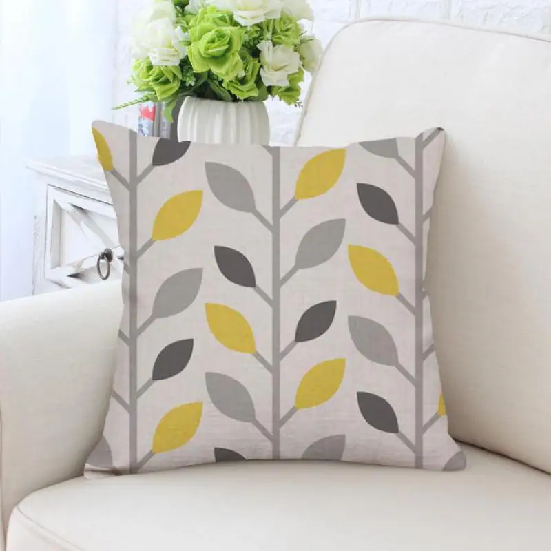 

Yellow Pillow Gray Cushion Geometric Rhombus Triangle Wave Stripe Lattice Line Petals Abstract Art Square Almofadas Para Sofa