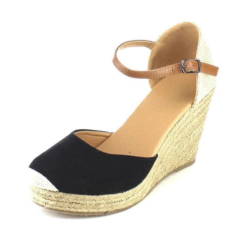 

Women's Straw Ankle Buckle Strap Platform Wedge Sandals Ladies Gladiator Flock Cover High Heels Female Fashion Shoes Plus Size