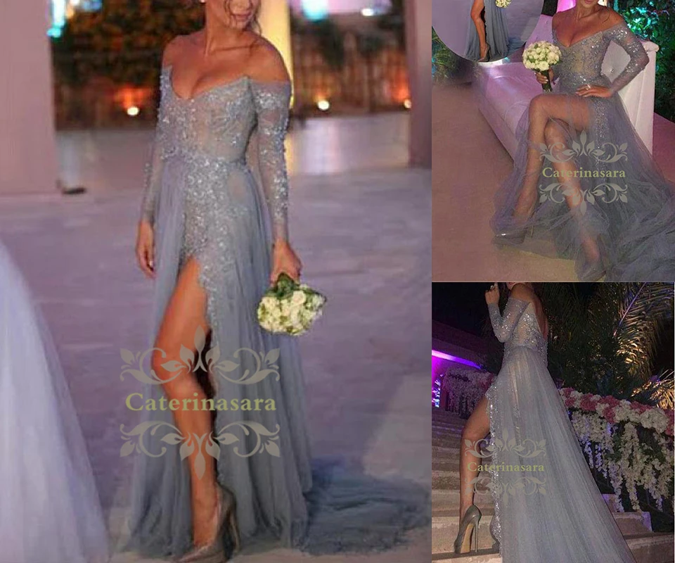 

Sexy V Neck Court Train Chiffon / Lace Formal Evening Dress Beadings Open Leg Split Front Off the Sleeves Long Sleeves Backless