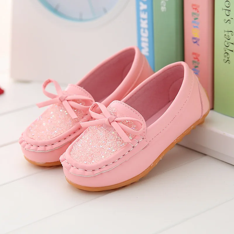 kids Girls Children Glittery Bow Shinny Flat Fashion Back To School Shoes Loafer