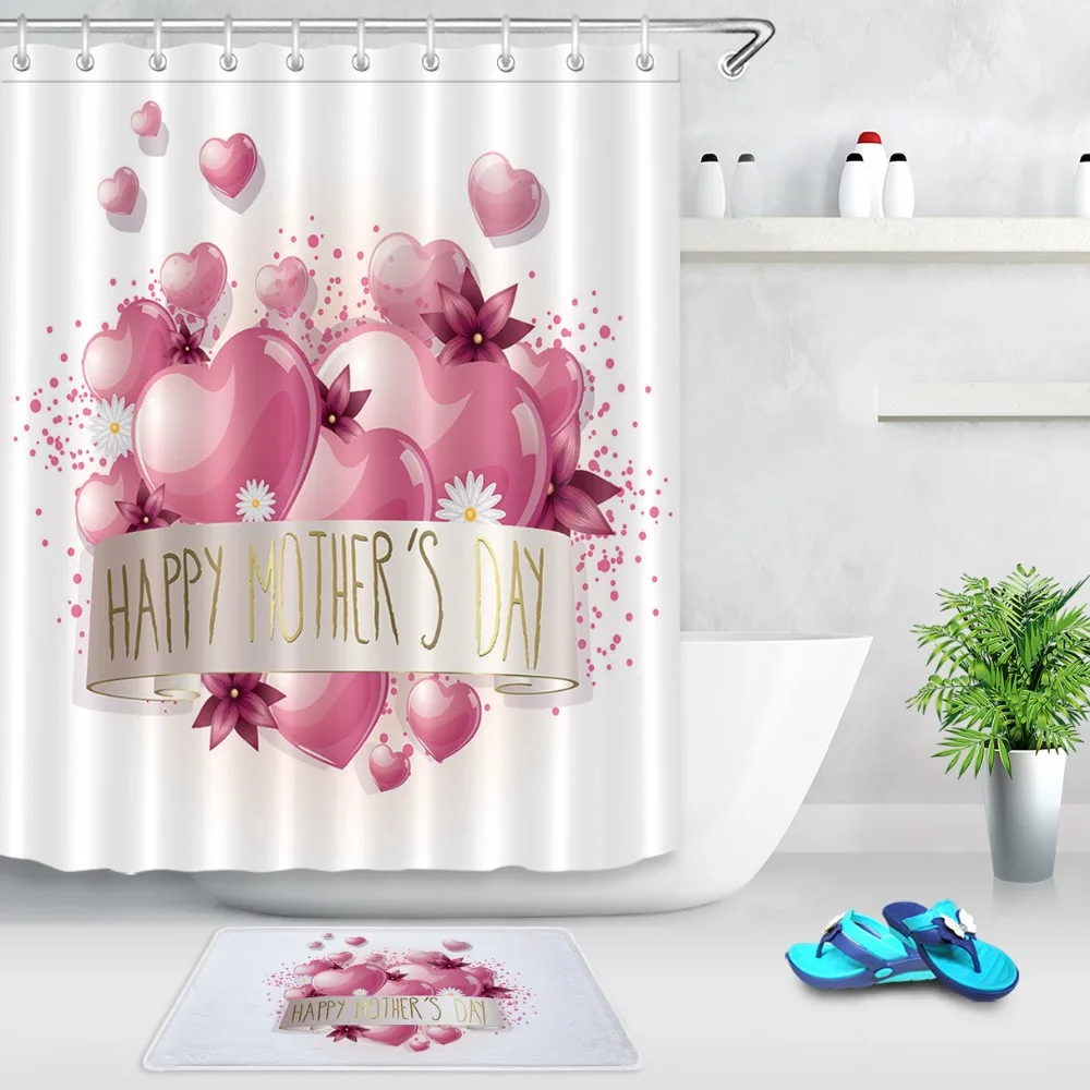 

Pink Heart Balloon Happy Mother Day Flower Shower Curtains Bathroom Curtain Waterproof Polyester Fabric for Bathtub Home Decor