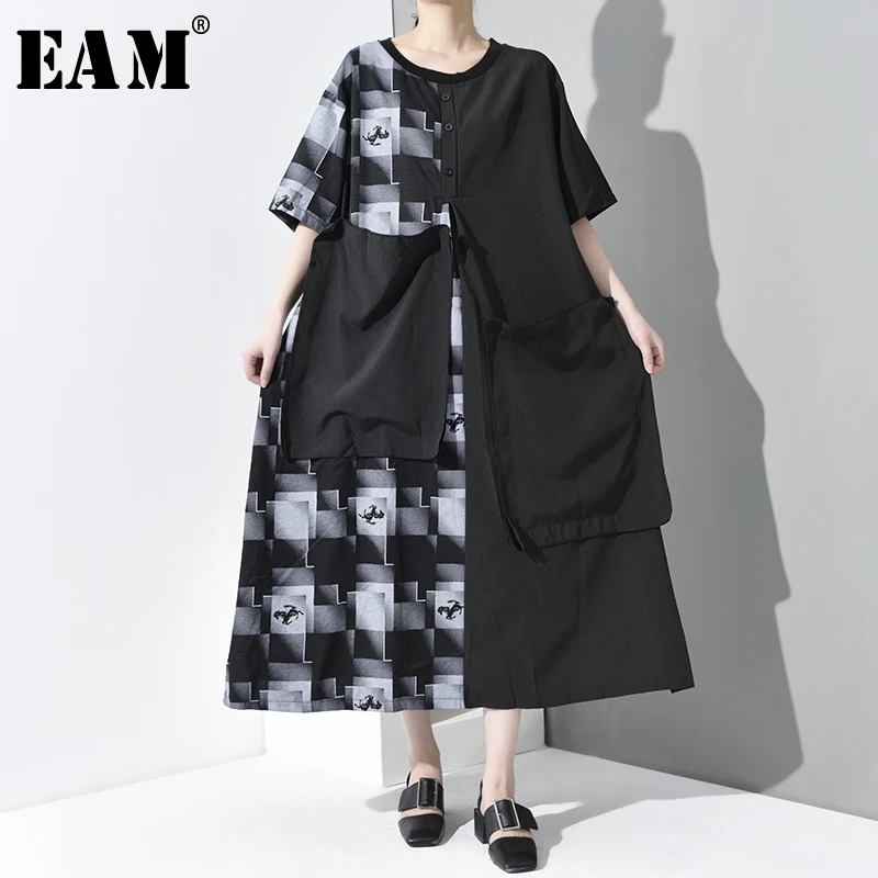 

[EAM] 2019 New Spring Summer Round Neck Short Sleeve Black Pattern Printed Big Pocket Long Big Size Dress Women Fashion JQ348
