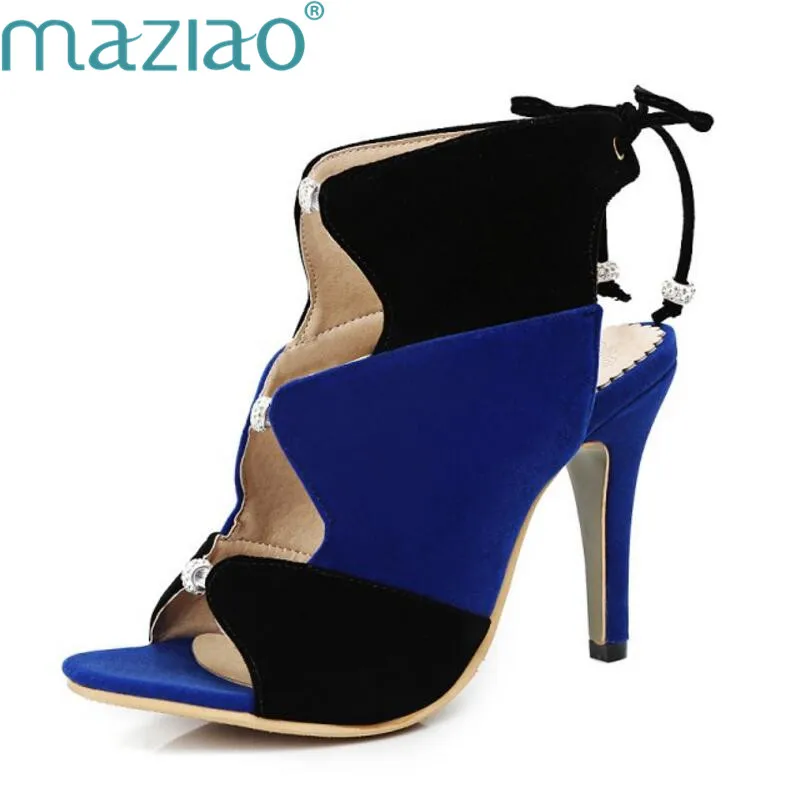 

Women Hollow Out Lace Up Sandals Retro Round Toe Fashion Rhinestone High Heels Female Peep Toe Gladiator Sandals Big Size MAZIAO