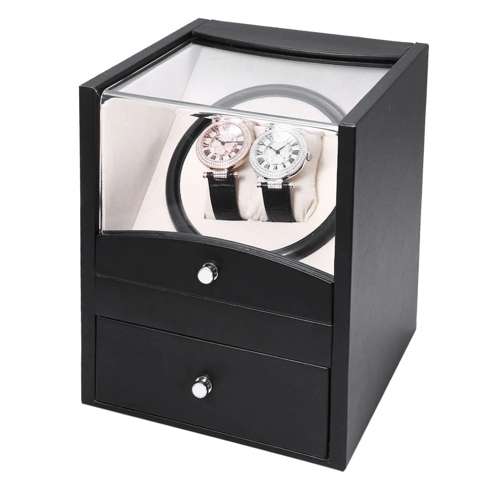 Black Auto Rotation Watch Winder Two Grids Transparent Cover Cuboid Shape Wristwatch Box with Drawer