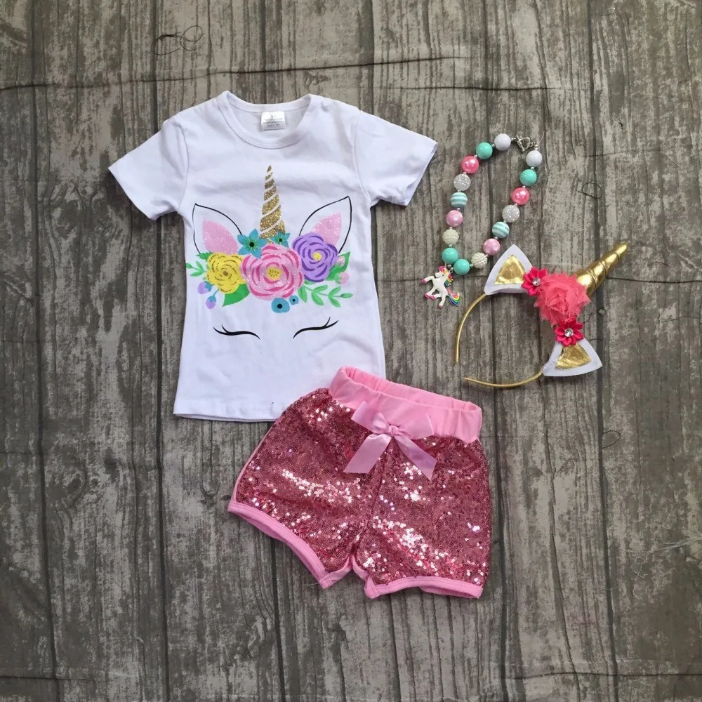 

baby girls summer boutique clothing girls unicorn top with pink sequin shorts outfits girls unicorn clothes with accessories
