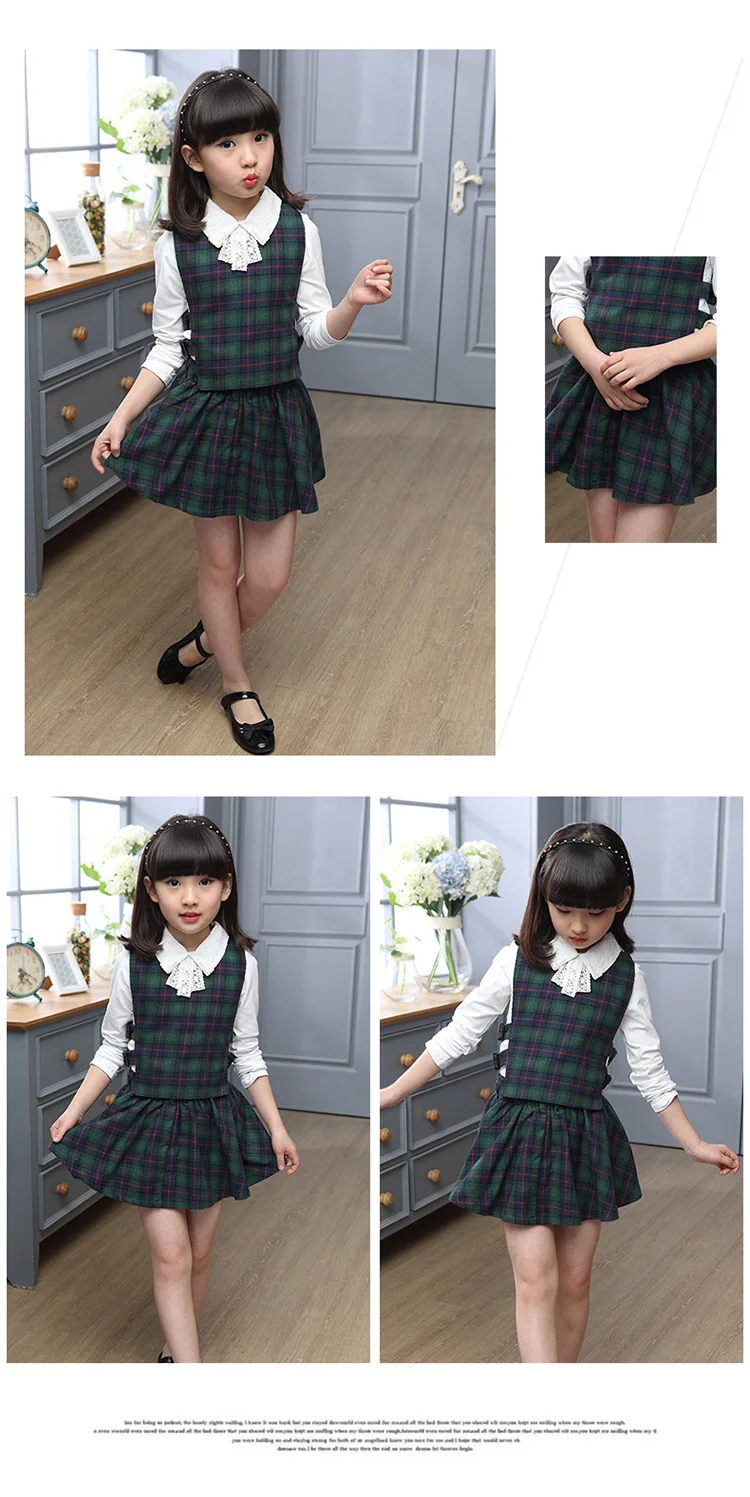 Girls White Shirt Plaid Waistcoat Skirts 3PCS Suit 13