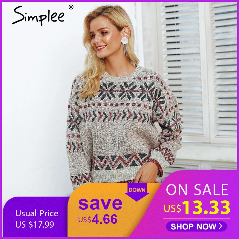 

Simplee Vintage O neck fair isle women sweater Casual drop sleeve fashion pullover female 2018 Autumn winter jumpers