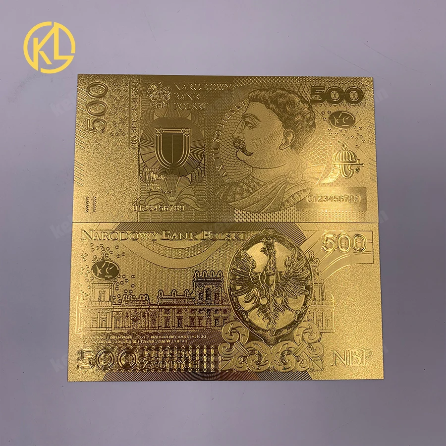 

1pc Hot sale New Poland Currency designed pure gold foil Banknote 500 PLN in 24k Gold Fake Paper Money For Collection