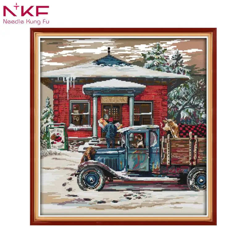 

NKF Christmas Post Office Scenery Pattern Cross Stitch Kits Embroidery Needlework Sets DMC 11CT 14CT Cross Stitch Kits Printed