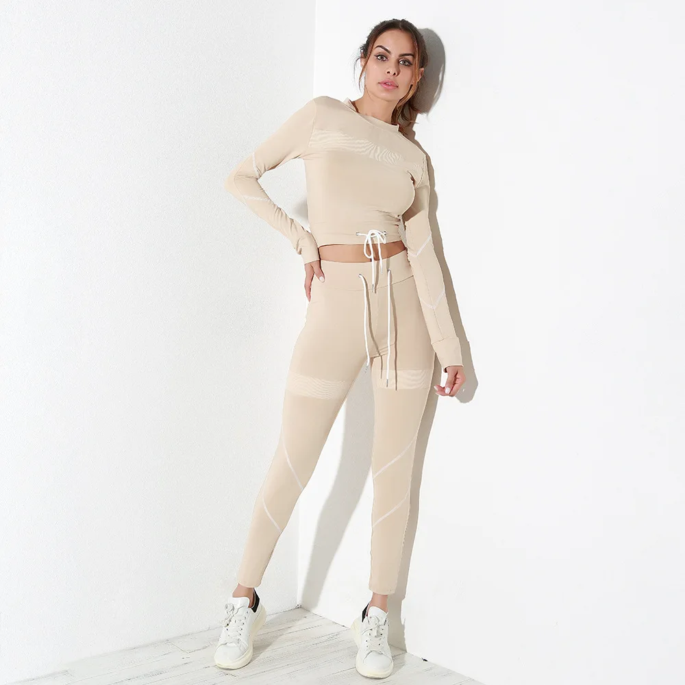 

Women Patchwork Drawstring Sportswear Set Elasticity Slim Sports Fitness Suit Gym Workout Clothing Girl Leggings Pants Vest Set