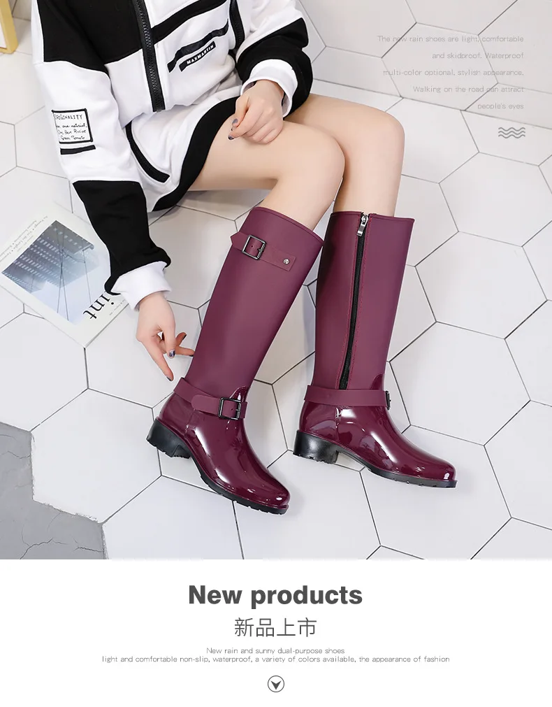 Новые непромокаемые резиновые сапоги для девочек; водонепроницаемая обувь; высокие резиновые сапоги с боковой молнией; женские водонепроницаемые резиновые сапоги; нескользящая обувь с пряжкой; большие размеры 36-40