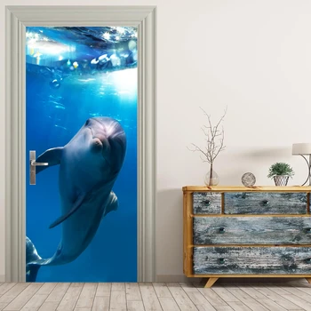 

3D Blue Sea Dolphin Poster PVC Waterproof Entire Door Sticker Creative Stickers Door Wall Sticker DIY Mural Bedroom Home Decor