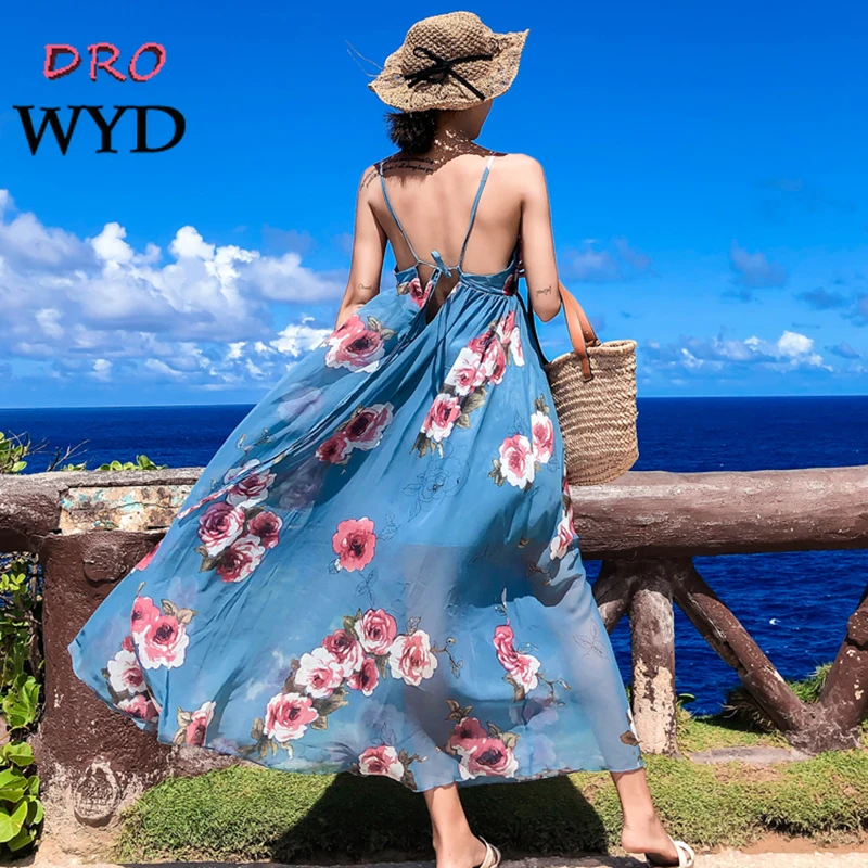 

Summer Women's Boho Backless Sling Dress Vestidos Elegant Print Floral V-neck Bandage Sexy Midi Dress Casual Beach Party Dresses