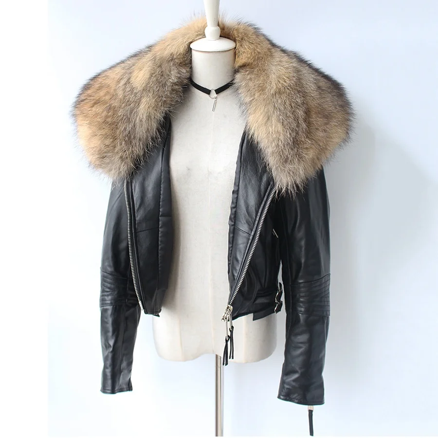 genuine sheepskin leather jacket with real big raccoon fur collar (8)