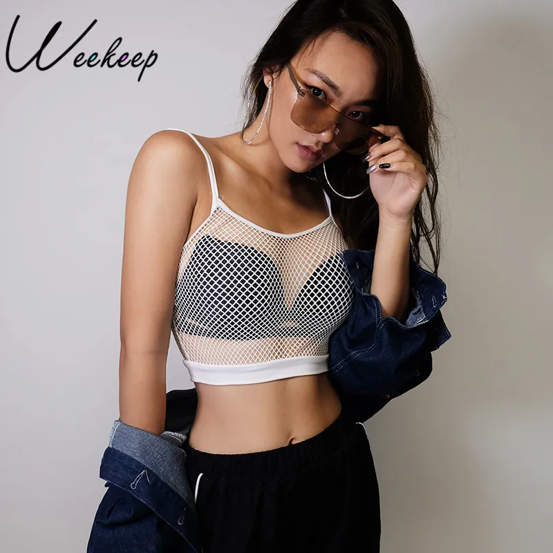 

Weekeep Women Sexy Hollow Out Mesh Top T-shirt 2018 Summer Cropped Streetwear Perspective t-shirt Black White O-neck Crop Top