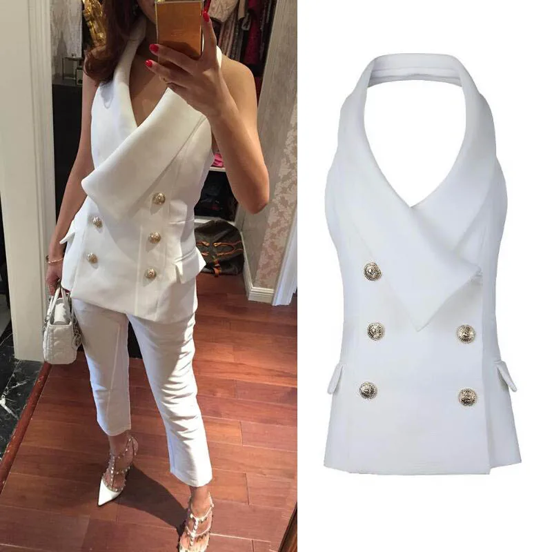 LXMSTH Women Vests Fashionable Double Breasted Slim Sleeveless Suit jacket Office Waistcoat Female Colete Feminino veste femme