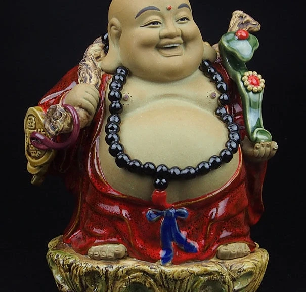

China Pottery Wucai Porcelain Home Ruyi Maitreya Buddha Art Decoration Statue