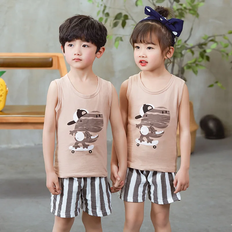 

Summer Girl Boys Pajamas Sets Children's Clothing Suits Vest+Pants Sleepwear 100% Cotton Cartoon Pyjamas Kids Pijamas Nightwear