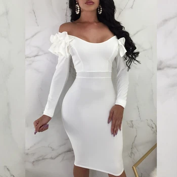 

2019 Newest White Elegant Ruffles Bandage Dress Chic Autnmn Backless Sexy V Neck Bodycon Club Celebrity Vestidos Solid Dresses