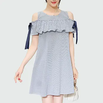 

Summer Off Sholder Dress 2018 Women Blue And White Stripes Loose O Neck Patchwork Dress Women Clothes Casual Dresses Vestidos