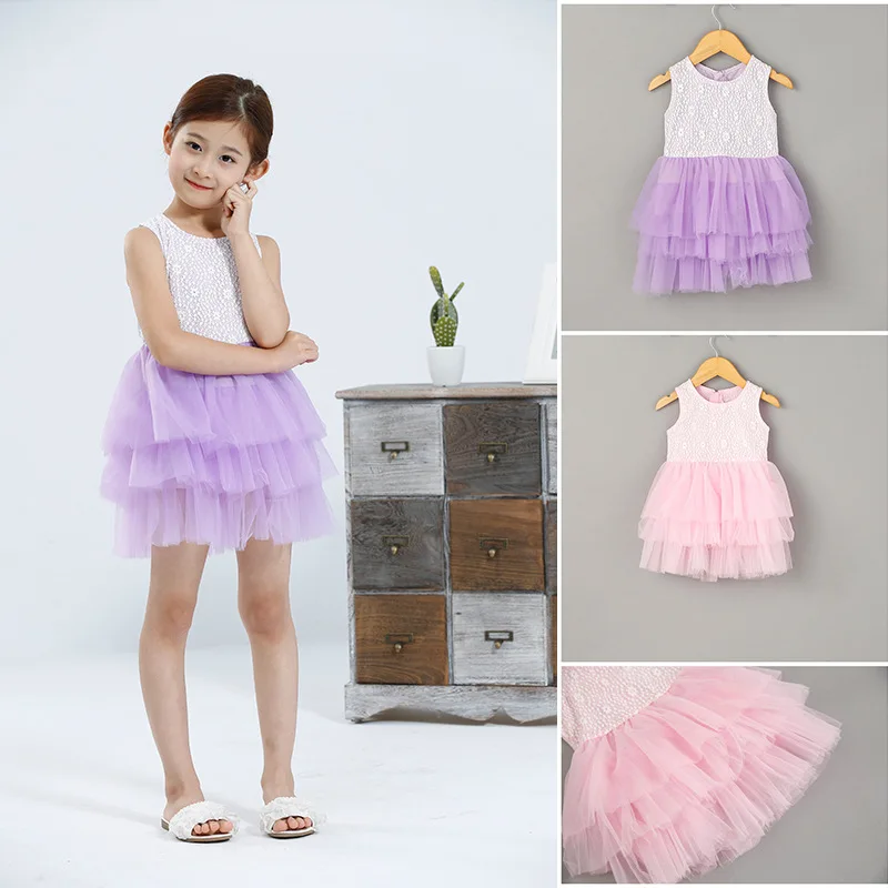 

SEXEMARA Girl Dress Sleeveless Princess Mesh Girls Lace Flower Wedding Dress Kids Pink and Purple Dresses for Girls Clothes