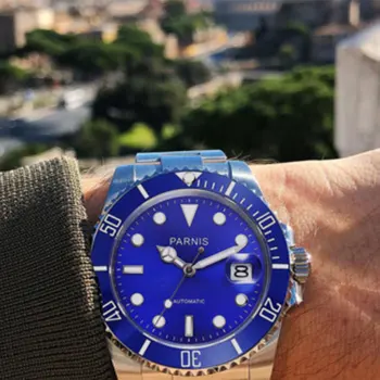 

40mm Parnis Blue Dial Super Luminous Blue ceramic bezel Sapphire Glass Date SS Band Automatic Movement men's Watch