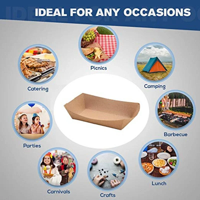 50 упаковок коричневый лоток для еды из крафт-бумаги, поднос для еды в форме лодки с покрытием для дня рождения, свадьбы, детского душа, принадлежности для пикников