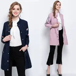 New2018 Большие размеры женской одежды Весна Элегантные вышивка плащ Стенд воротник талии шнурок пиджаки повседневный наряд L-5XL
