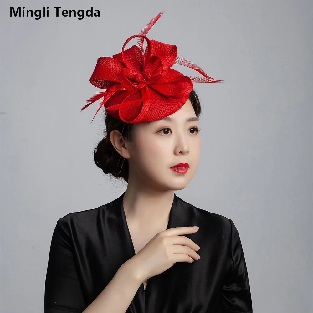 Mingli Tengda Свадебная вечеринка шляпа Cambric головной убор колпак декоративный портрет Свадебная шляпа светло-серый благородный женский головной убор Темно-Синий обруч - Цвет: Красный