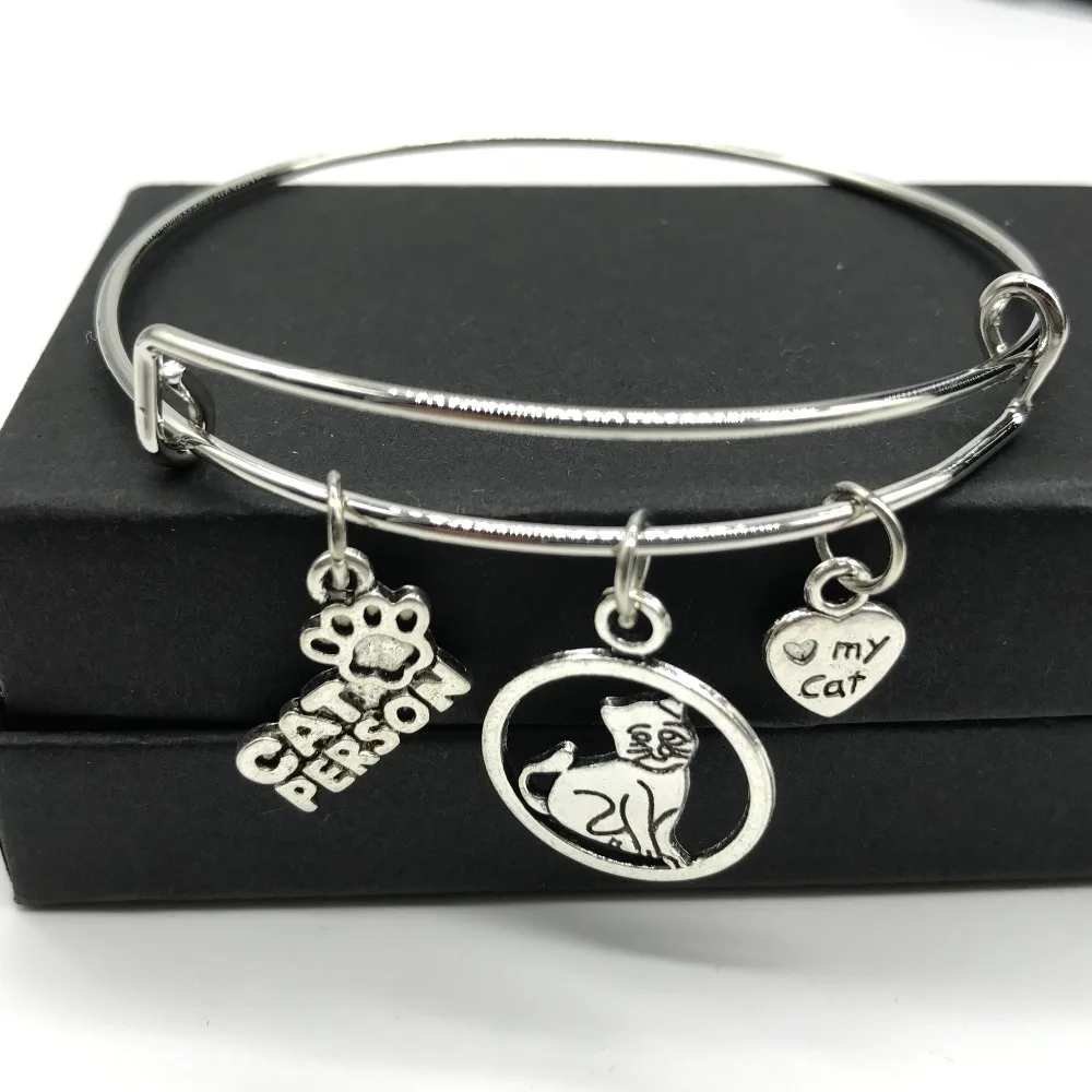

New Arrival DIY Cat Person Heart Charm Bracelets For Women Cute Cat Kitten Katze Silver Bracelet Vintage Strand Bracelets