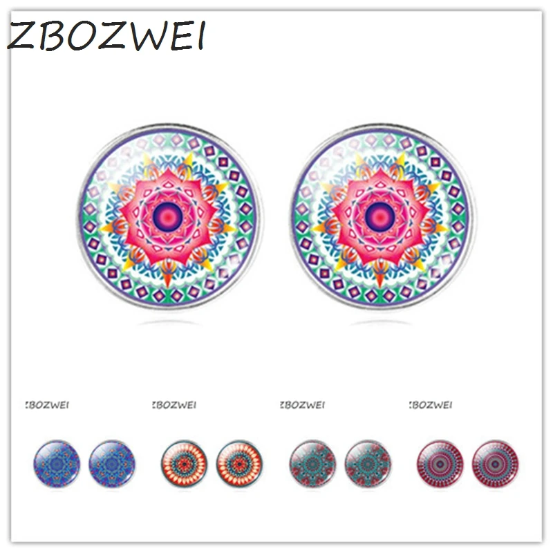 

ZBOZWEI Classic Mandala Flower OM Symbol Buddhism Zen Picture Glass Cabochon Stud Earring Vintage Silver Color Jewelry Women