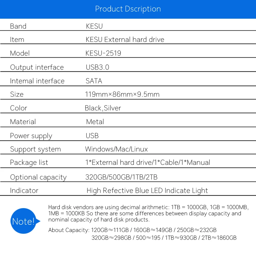 KESU тела 9,5 мм 2," Портативный внешний жесткий диск USB 2 ТБ 1 ТБ 500 Гб 320 USB3.0 хранения HDD внешний жесткий диск HD для ПК/MC