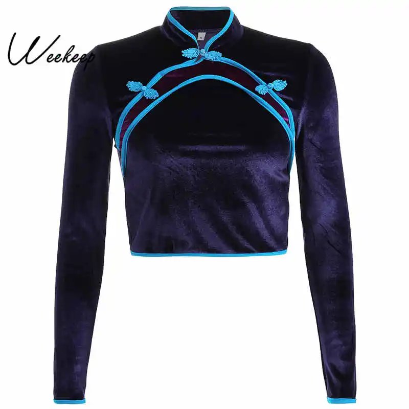 

Weekeep Blue Velvet Chinese Style t shirt Women Long Sleeve Cheongsam Stand Collar t-shirt Elegant Cropped tee shirt femme