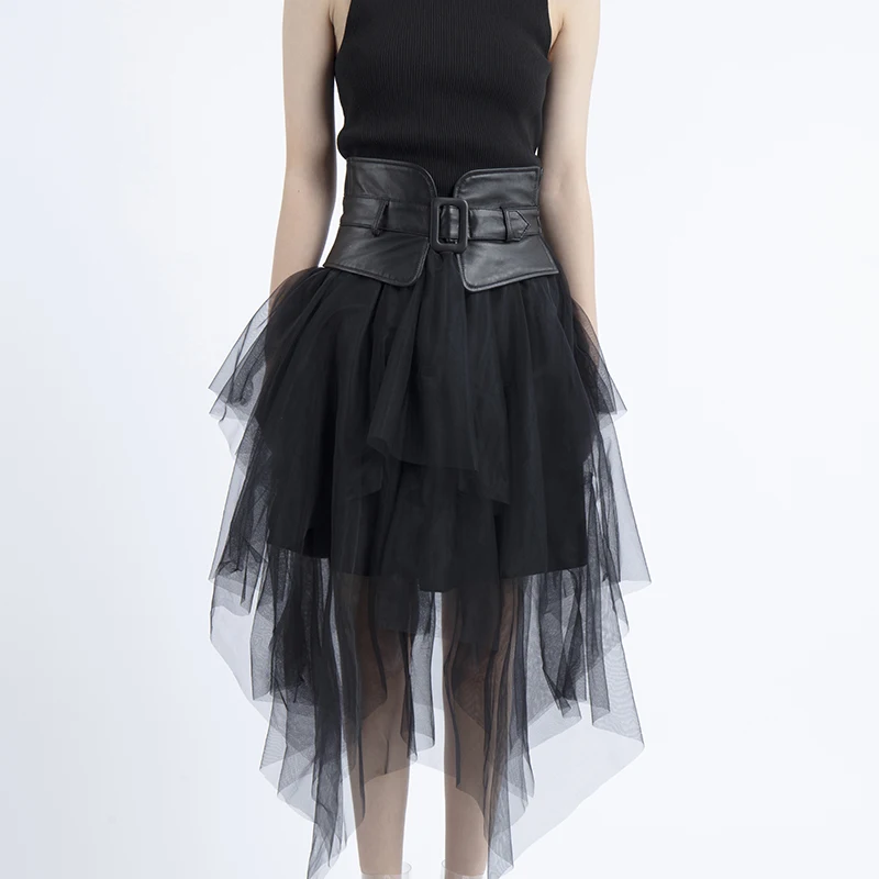

Faldas mujer moda 2019 sunmmer autumn gothic long mesh skirt women streetwear korean style women sexy leather and tulle skirt